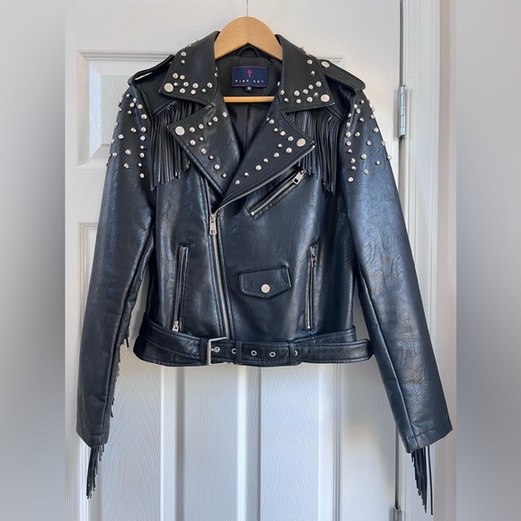 pink Key Jackets & Blazers - PINK ROSE Black Studded Fringe Leather Moto Jacket